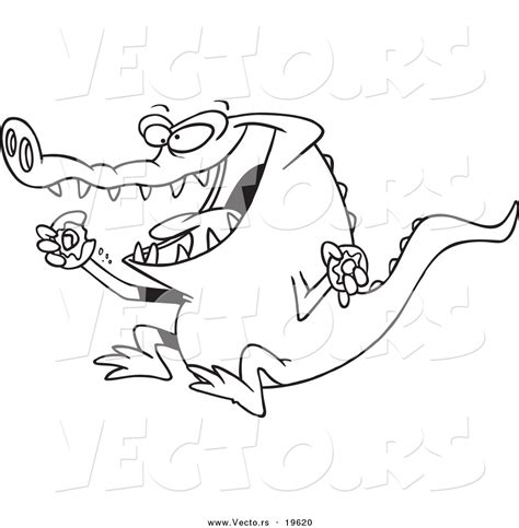 Vector Of A Cartoon Alligator Eating A Donut Outlined Coloring Page