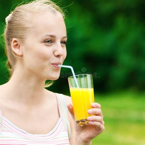 Young Woman Drinking Orange Juice Outdoor Stock Image Image Of