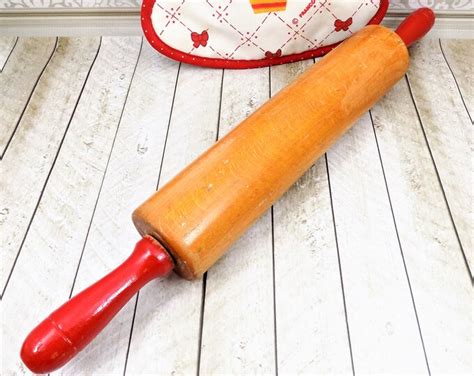 Vintage Wood Rolling Pin Red Handles Made In Denmark Red Kitchen