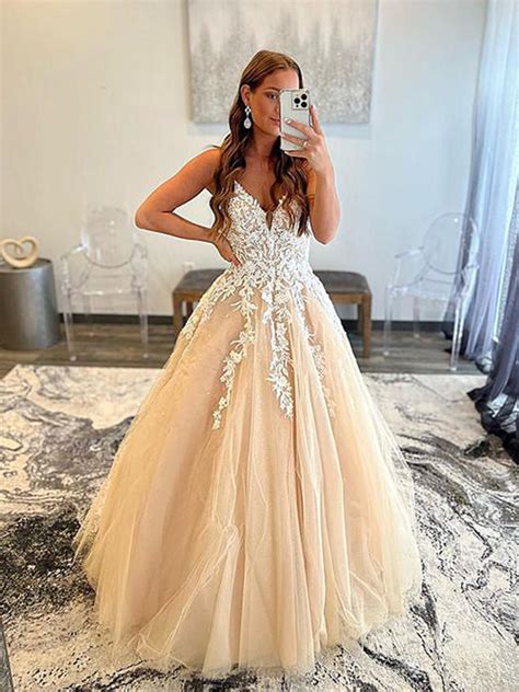 V Neck Champagne Lace Prom Dresses Long Champagne Lace Formal Evening
