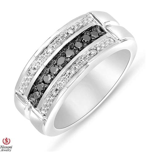 Mens Blackwhite Three Row Diamond Ring Sterling Silver Satin 13ct