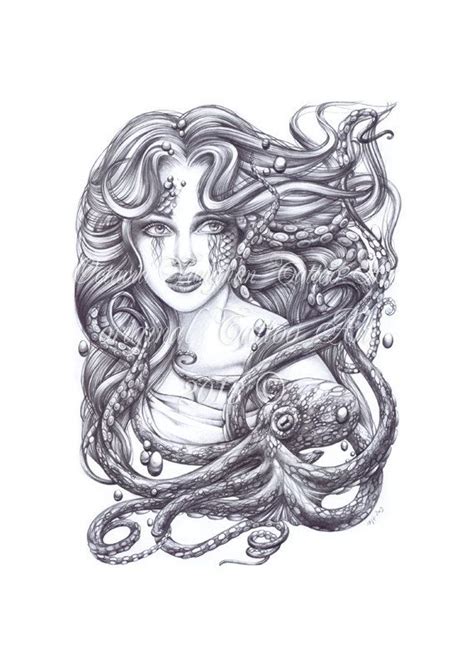 Octopus and mermaid tattoo seems appalling. Mermaid and her Octopus Print Mermaid Tattoo Art by ...