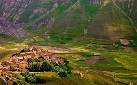 Wallpaper Castelluccio Italy Village Houses Fields Mountains