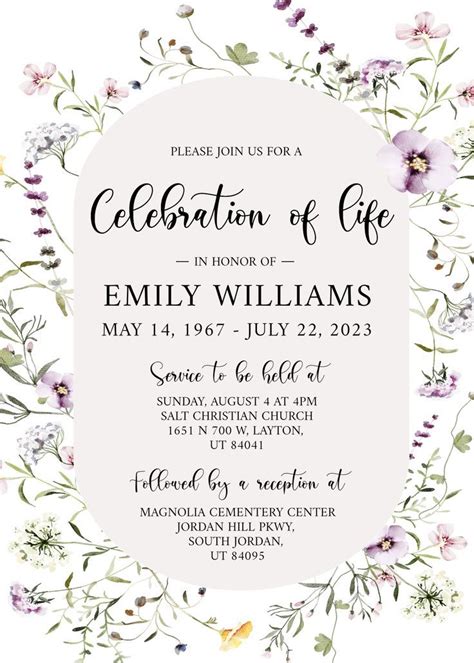 Celebration Of Life Invitation Garden Flower Funeral Invitation