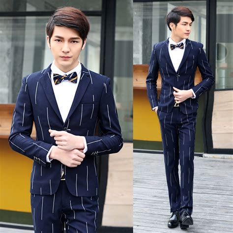 Blazer Stripes Jacket Mens Wedding Suit Korean Style Dress Tuxedo