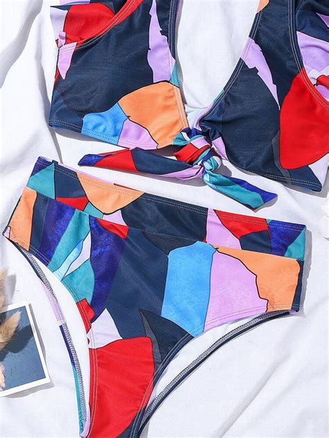 Women Colorful Geometry Print Flounce Sleeve Knot High Waist Bikini