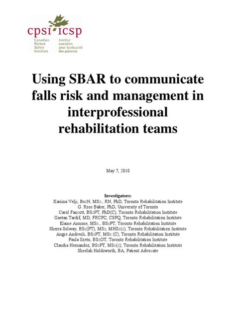 Using Sbar To Communicate Falls Risk And Management In