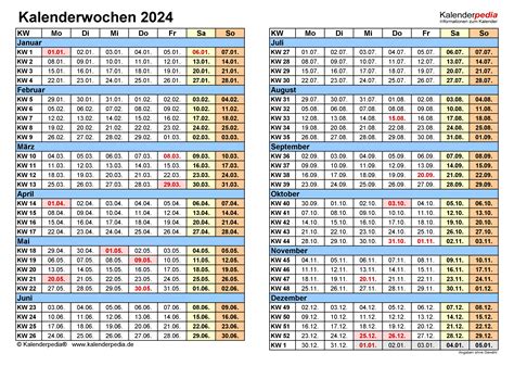 Kalenderwochen 2024 Mit Vorlagen Für Excel Word And Pdf