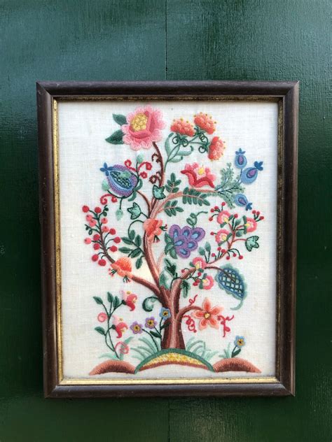 Beautiful Vintage Embroidered Crewel Work Framed Tree Of Life Etsy