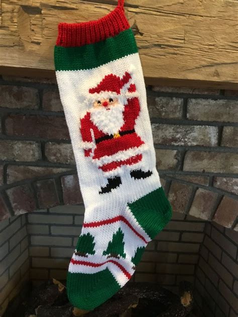 Hand Knit Waving Santa Stocking Etsy Knitted Christmas Stockings Vintage Christmas