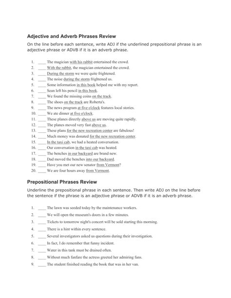 Adjective Phrases Worksheet With Answers Worksheets For Kindergarten