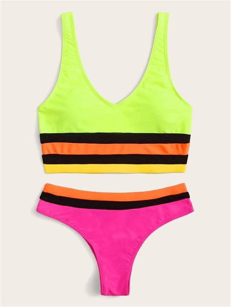 Striped Multicolor Neon Lime Cami Top Pink Bikini Bottom Pink Bikini