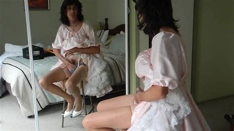 Crossdresser Sitting Jerking Off Pink Satin Petticoat