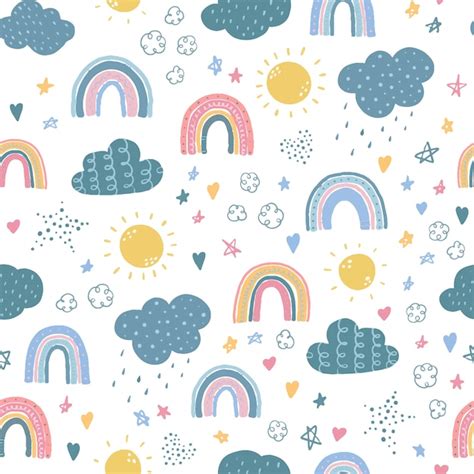 Premium Vector Seamless Pattern With Rainbows And Clouds