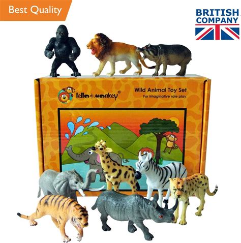 Lello And Monkey Safari Animal Toy Plastic Figures Set Of 9 Boxed