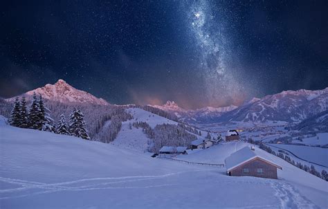 Wallpaper Winter Snow Mountains Night House Images For