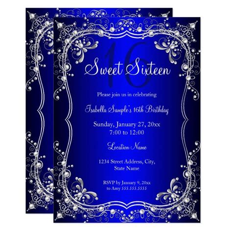 Royal Blue Sweet 16 Silver Pearl Damask Party Invitation