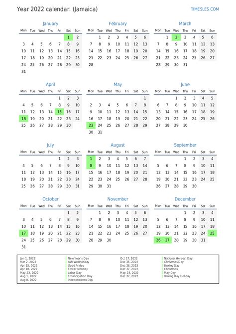 Calendar For 2022 With Holidays In Jamaica Print And Download Calendar
