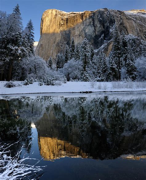 Sunrise On El Capitan In Winter Reflected In The Merced River Wi