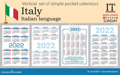 Italian Vertical Pocket Calendar For 2022 Week Starts Sunday Stock
