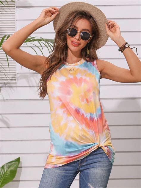 Sleeveless Knotted Hem Tie Dye Top Fitted Tunic Tops Tie Dye Top Women