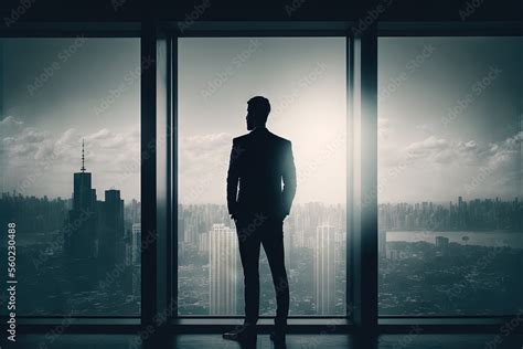 A Man Standing In Front Of A Window Looking Out At A City Skyline In