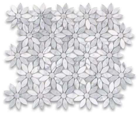 Daisy Flower Tile Carrara Venato White Carrera Marble Mosaic Polished