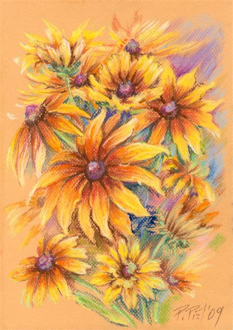 Rudbeckia Bouquet Floral Pastel Drawing Still Life Art Print By