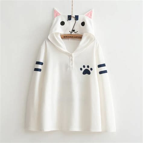 New Autumn Women Pullover Cat Paw Print Mori Girls Hoodies Cat Hood