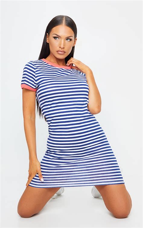 Blue Stripe T Shirt Dress Dresses Prettylittlething Aus