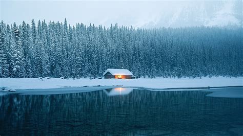 Hd Wallpaper Ice House Snow Cabin Winter Trees Lake Wallpaper