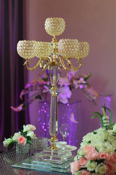 Wedding Crystal Globe Centerpieces 5arm 47 24inch Tall Metal Gold Crystal Candelabras Candle