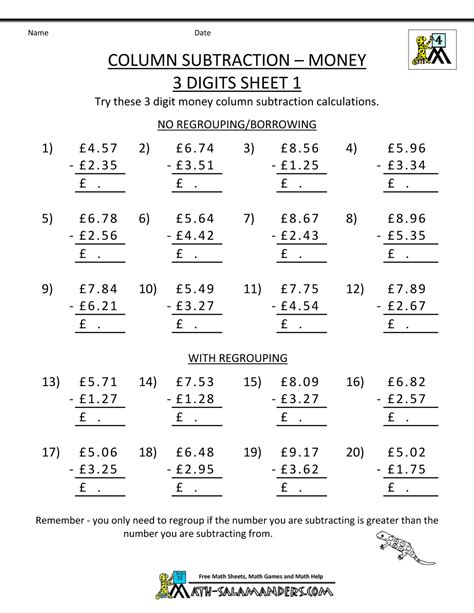 Money Addition And Subtraction Worksheets