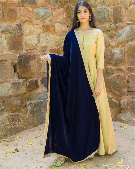 Beige Silk Anarkali With Velvet Dupatta By Empress Pitara The Secret