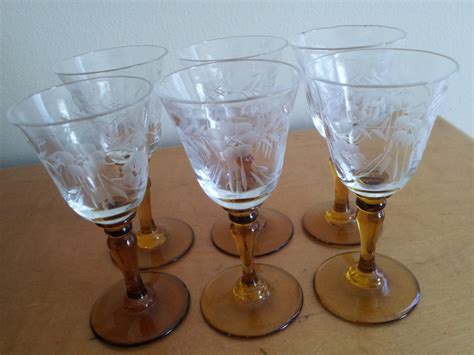 Vintage Etched Cordial Glasses With Amber Stems Vintage Etched