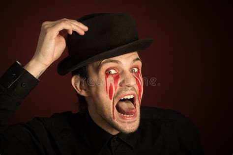 Portrait Of Man With Bloody Tears On Burgundy Stock Image Image Of