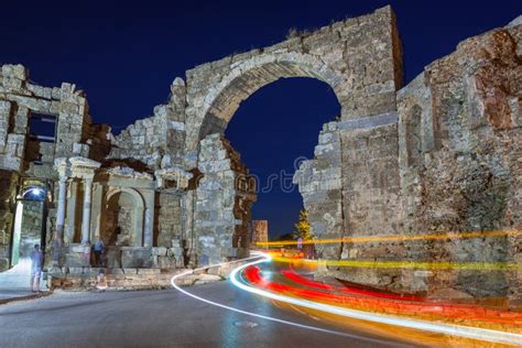 Vespasian Gate To The Ancient City Of Side At Night Editorial Image