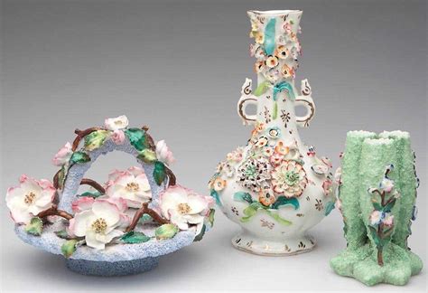 English Porcelain Flower Encrusted Vases Lot Of Three