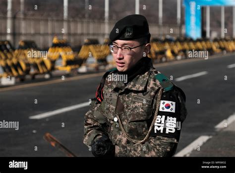 South Korean Military Policeman At A Checkpoint At The Civilian Control