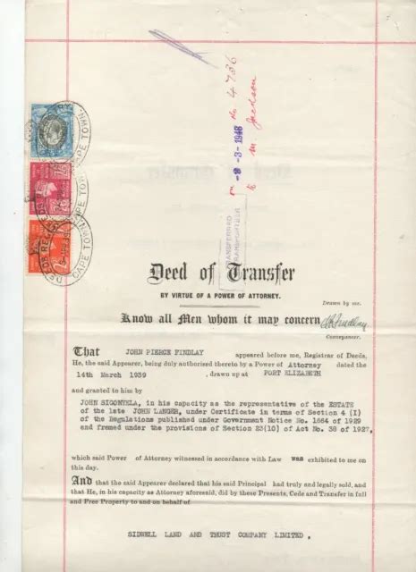1939 South Africa Deed Of Transfer Franked With Small Kgv Head And Kgv1