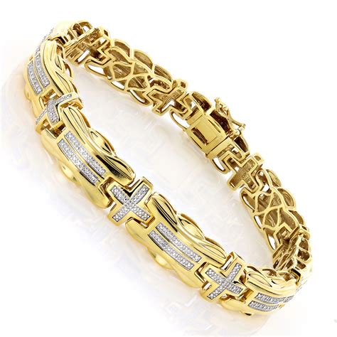 The link in the center measures to 2 1/4 inches in length and 1 inches in width. Mens Diamond Cross Bracelet 0.30ct Yellow Gold Plated Silver