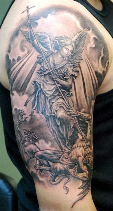 The back of your neck is a great spot to get a tattoo done if you don't want it to get that much attention. Classic Half Sleeve Guardian Angel Tattoo Designs ...