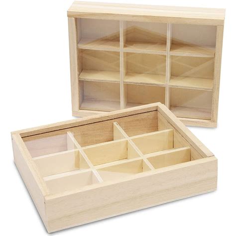 2 Pack Wooden Storage Tray Box With Glass Lid 9 Compartments Storage