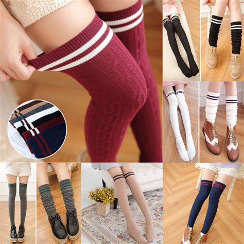 Canis New Women Knit Cotton Over The Knee Long Socks Striped Thigh High Stocking Socks