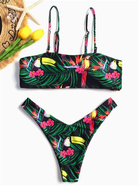Cute Floral Print Square Neck Sleeveless Bandeau Bikini Set