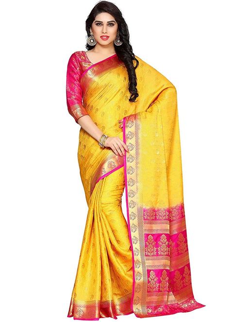 Yellow Kanchipuram Silk Saree With All Over Zari Woven Work Enhanced By Distinctive Pink