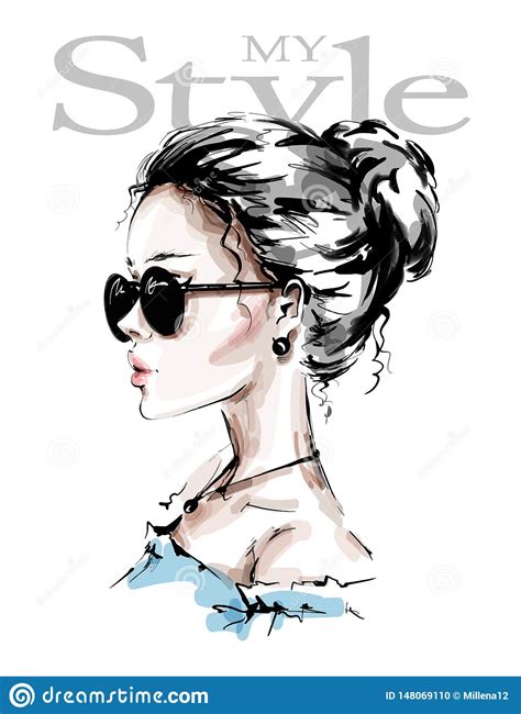 Hand Drawn Beautiful Young Woman In Sunglasses Stylish Girl Fashion