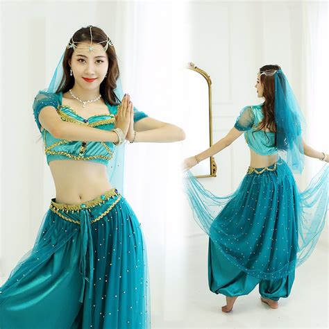 New Exotic Dance Sexy Adult Female Jasmine Princess Stage Dress Veil Top Pants Belly Dance