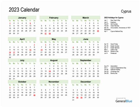 Holiday Calendar 2023 For Cyprus Sunday Start