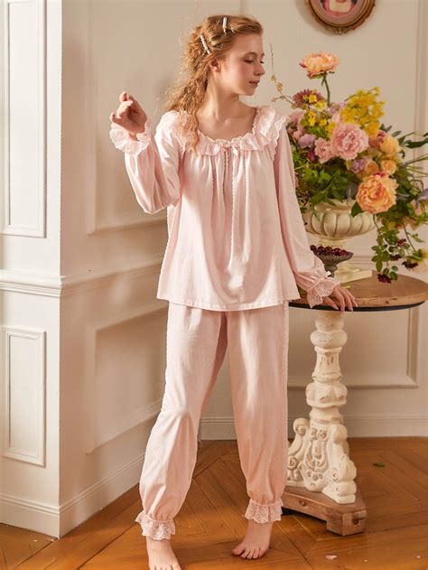 Women Cotton Lace Pajamas Sets Casual Long Sleeve Homewear Etsy